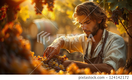 Harvesting grapes at sunset in a vineyard showcasing traditional winemaking practices and a serene atmosphere 124142172