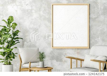 Stylish living room with empty frame and indoor plants creating a cozy atmosphere for relaxation and design inspiration 124142175