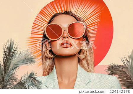 Stylish woman poses confidently with oversized sunglasses against vibrant sun backdrop in tropical setting Stylish woman poses confidently with oversized sunglasses against vibrant sun backdrop in tropical setting 124142178
