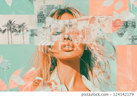 Stylish woman with artistic overlay of cityscape and foliage in vibrant colors Stylish woman with artistic overlay of cityscape and foliage in vibrant colors 124142179