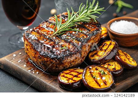 Grilled steak with rosemary and vegetables served on a wooden board alongside a dark beverage 124142189