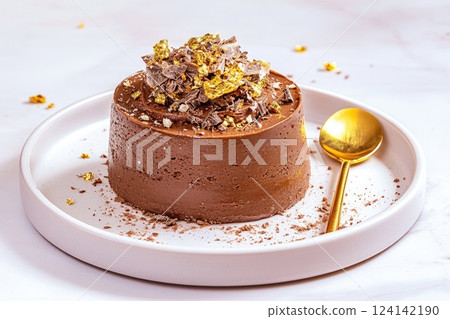 Delicious chocolate mousse topped with gold flakes and chocolate shavings on a white plate Delicious chocolate mousse topped with gold flakes and chocolate shavings on a white plate 124142190
