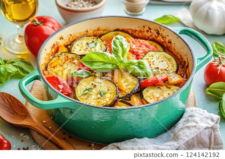 Colorful vegetable dish cooked in a green casserole, garnished with fresh basil and served with olive oil and tomatoes Colorful vegetable dish cooked in a green casserole, garnished with fresh basil and served with olive oil and tomatoes 124142192