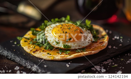 Delicious fried egg on flatbread topped with fresh herbs served on a black stone plate in a cozy dining setting Delicious fried egg on flatbread topped with fresh herbs served on a black stone plate in a cozy dining setting 124142194