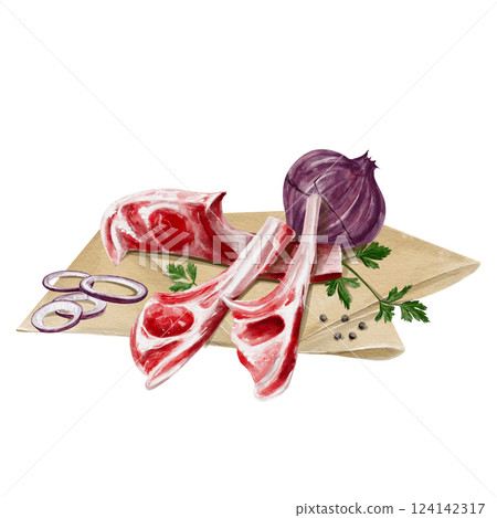 raw meat on the bone or ribs lies on paper or parchment. Meat with spices with onions. BBQ net. Raw lamb. Watercolor illustration. Set for cooking meat. High quality illustration 124142317