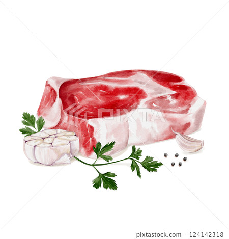 Piece of raw steak with garlic and herbs. with parsley and spices. Fresh beef or lamb or pork. Garlic is cut in half. Watercolor illustration isolated from the background. Meat set.  124142318