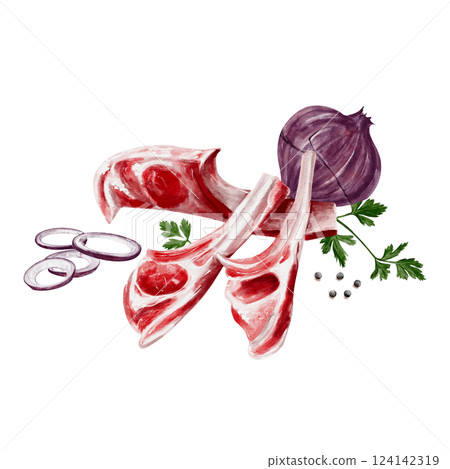 Meat on the bone or ribs. Spices with onion. Barbecue cooking set. Raw lamb. Watercolor illustration isolated from the background. Hand drawing. Red onion cut into rings and parsley. 124142319