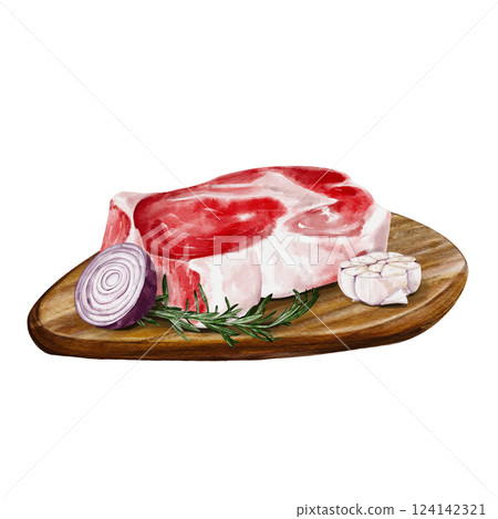 Piece of fresh meat with onion and garlic. Steak with rosemary. on a wooden board. Watercolor illustration isolated from the background. Half a red onion and chopped garlic. High quality illustration 124142321