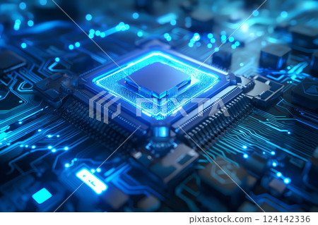 未來派 CPU 和主機板特寫-白色和藍色網路技術圖像 未來派 CPU 和主機板特寫-白色和藍色網路技術圖像 124142336