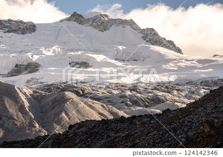 View of Langtang glacier seen from Tsergo Ri peak in Langtang national park of Nepal. View of Langtang glacier seen from Tsergo Ri peak in Langtang national park of Nepal. 124142346