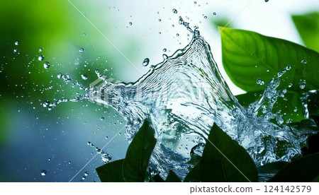 The image of water droplets splashing on leaves represents the freshness of nature. The image of water droplets splashing on leaves represents the freshness of nature. 124142579