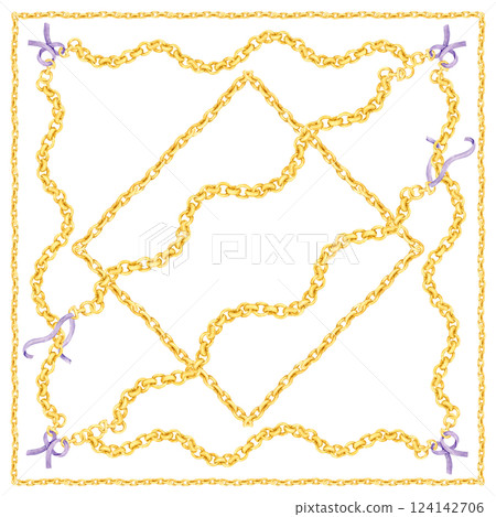 Watercolor pattern for silk scarf and textile print. Design of neck scarf or bandana. Golden intertwined chains and silk ribbons. Elegant baroque style for fabric, stole. Watercolor pattern for silk scarf and textile print. Design of neck scarf or bandana. Golden intertwined chains and silk ribbons. Elegant baroque style for fabric, stole. 124142706