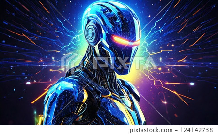 Digital art depicting AI robots and a futuristic sci-fi world 124142738