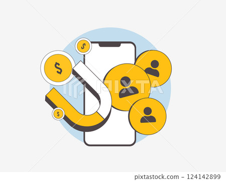 Affiliate marketing concept with digital advertising, referral links and revenue sharing. Affiliate marketing commissions through partner programs and online promotions. Vector illustration and icons 124142899