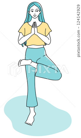 站在瑜伽樹式的女人 124142929