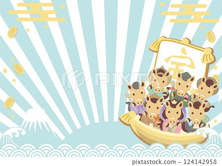 新年卡片 2026年新年 相框 十二生肖 七福神 寶船 富士山 馬年 馬 可愛 插圖 124142958