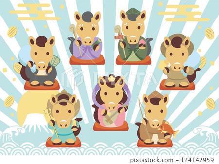 新年卡 2026年新年 十二生肖 七福神 寶船 富士山 馬年 馬 可愛 日式 插畫素材 124142959
