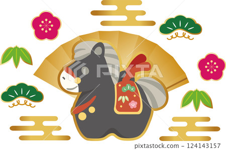 New Year 2026 New Year's card 2026 Clay bell Zodiac Horse Year of the Horse New Year Decoration Icon Illustration material 124143157