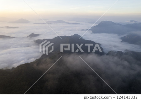 Landscape of Morning Mist with Mountain Layer at north of Thailand. Ban Phahee, Chiang Rai Province, Thailand 124143332