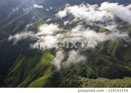 Landscape of Morning Mist with Mountain Layer. mountain ridge and clouds in rural jungle bush forest 124143359