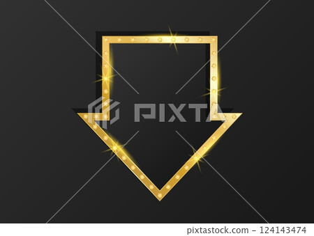 Gold arrow direction. Golden premium design with shiny diamond on black background. Flat vector emblem with empty copy space 124143474