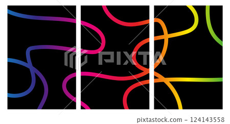 Abstract triptych artwork with colorful gradient curved lines on black background. Modern digital art design with copy space Abstract triptych artwork with colorful gradient curved lines on black background. Modern digital art design with copy space 124143558