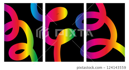 Abstract digital art triptych with colorful doodles gradient curved lines moving on black background Abstract digital art triptych with colorful doodles gradient curved lines moving on black background 124143559