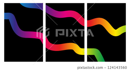 Abstract triptych design with colorful gradient wavy lines on black background Abstract triptych design with colorful gradient wavy lines on black background 124143560