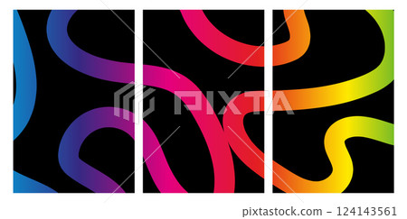 Abstract geometric triptych with wavy gradient lines on black background Abstract geometric triptych with wavy gradient lines on black background 124143561