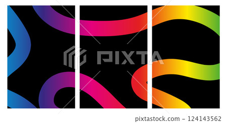 Abstract triptych with curved gradient lines on black background Abstract triptych with curved gradient lines on black background 124143562