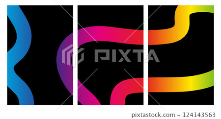 Abstract triptych with wavy rainbow gradient lines on black background Abstract triptych with wavy rainbow gradient lines on black background 124143563