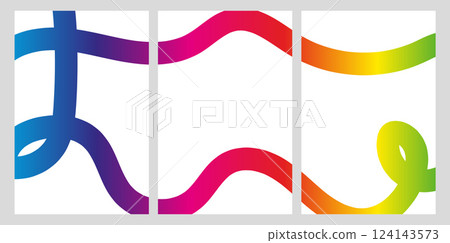 Abstract triptych with intertwined wavy rainbow gradient lines on white background. Modern geometric wall art for interior design and print 124143573