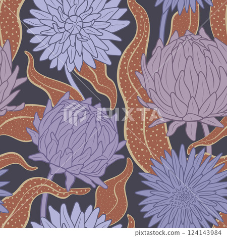 Vintage floral vector seamless pattern. Muted purple flowers and lush leaves on dark background. Elegant botanical repeat design for wallpaper, fabrics. Mystical garden dahlia flowers illustration 124143984