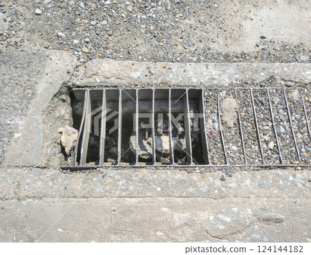 Public channel drains blocked full of gravel, dirt, need maintenance. 124144182