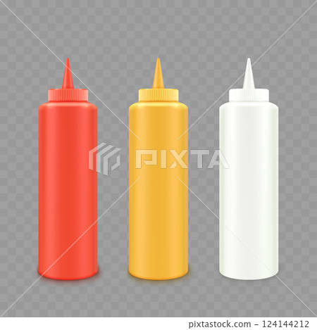 Set of Ketchup, Mustard, and Mayonnaise Bottles. Vector 124144212