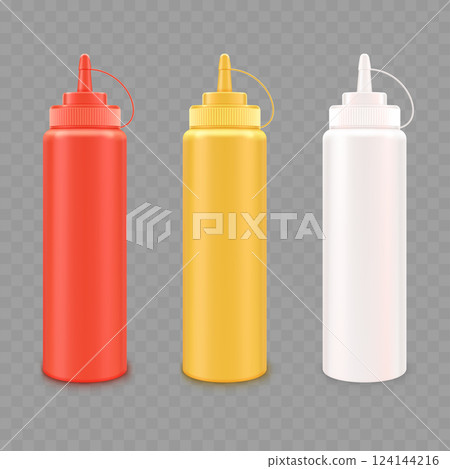 Set of Ketchup, Mustard, and Mayonnaise Bottles. Vector 124144216