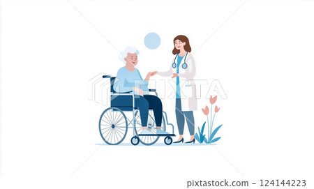 醫療插圖,坐在輪椅上的老人得到護士的溫柔幫助 醫療插圖,坐在輪椅上的老人得到護士的溫柔幫助 124144223