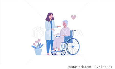 Medical care illustration, elderly man in wheelchair receives gentle assistance from nurse 124144224