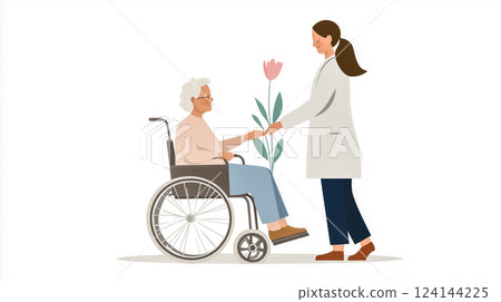 Medical care illustration, elderly man in wheelchair receives gentle assistance from nurse 124144225