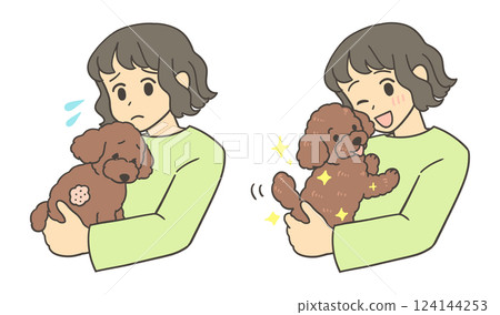 一位主人抱著一隻沮喪的狗 一位主人抱著一隻健康的狗 124144253