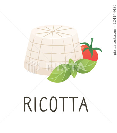 Ricotta cheese with tomato and basil. Soft white cheese. Organic farm food. Design element, cartoon flat illustration for logo, poster, menu. Isolated on white background. Vector illustration 124144483