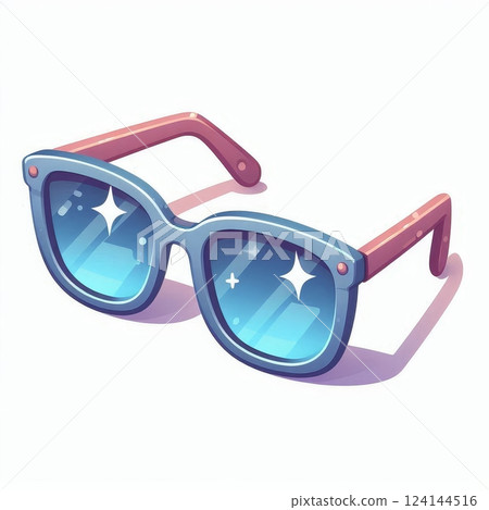Blue sunglasses with reflective lenses and pink temples on white background. Digital illustration of summer fashion accessory 124144516