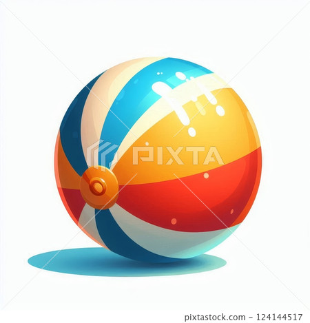 Colorful inflatable beach ball with red, blue, yellow, and white stripes on white background. Digital illustration of summer toy 124144517
