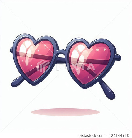 Heart shaped sunglasses with pink reflective lenses and black frame on white background. Digital illustration of romantic eyewear accessory 124144518