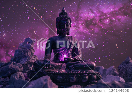 Ancient statue great Buddha on bright holiday composition, abstract vivid composition consists of fictional unreal fantastic vision on background 124144908