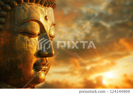 Ancient statue great Buddha on bright holiday composition, abstract vivid composition consists of fictional unreal fantastic vision on background 124144909