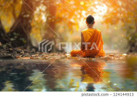 Ancient statue great Buddha on bright holiday composition, abstract vivid composition consists of fictional unreal fantastic vision on background 124144913