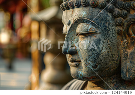 Ancient statue great Buddha on bright holiday composition, abstract vivid composition consists of fictional unreal fantastic vision on background 124144919