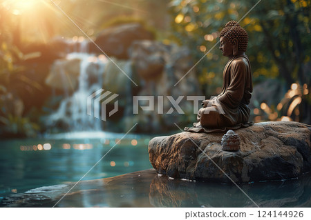 Ancient statue great Buddha on bright holiday composition, abstract vivid composition consists of fictional unreal fantastic vision on background 124144926