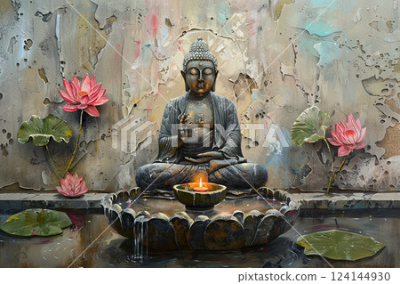 Ancient statue great Buddha on bright holiday composition, abstract vivid composition consists of fictional unreal fantastic vision on background 124144930